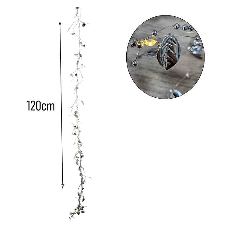 0280007-1 Χριστουγεννιάτικη Φωτιζόμενη Ασημένια Γιρλάντα με Φύλλα και Πέρλες 120cm - Christmas Lighted Garland with Leaves and Pearls - Image 2