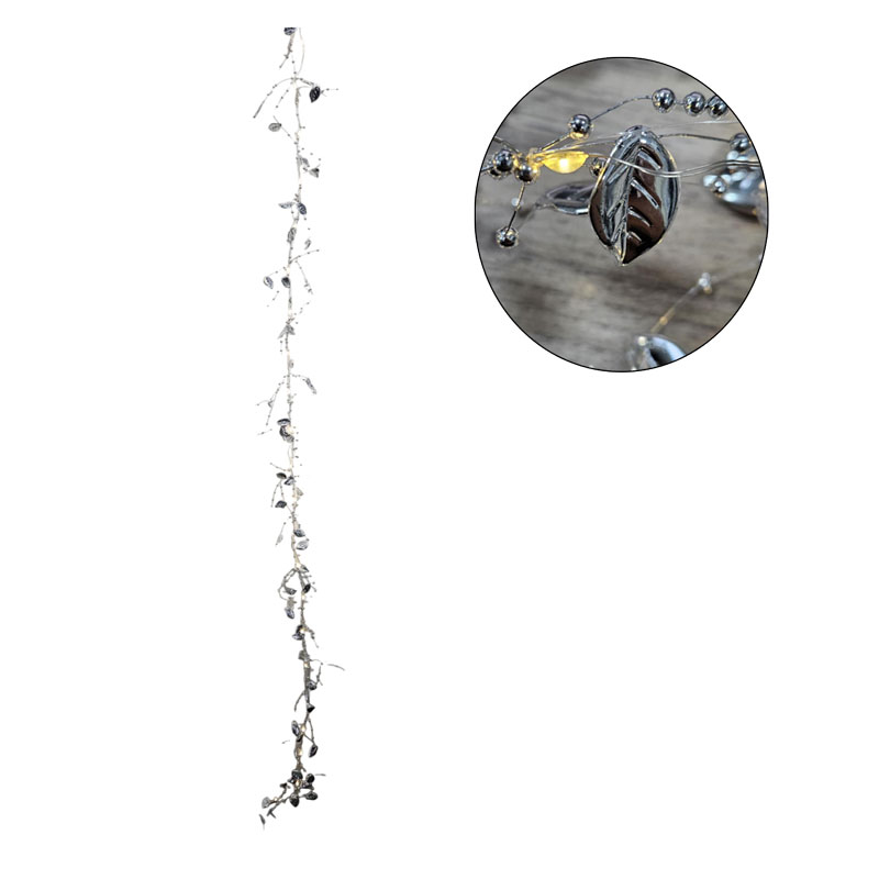 0280007 Χριστουγεννιάτικη Φωτιζόμενη Ασημένια Γιρλάντα με Φύλλα και Πέρλες 120cm - Christmas Lighted Garland with Leaves and Pearls - Image 1