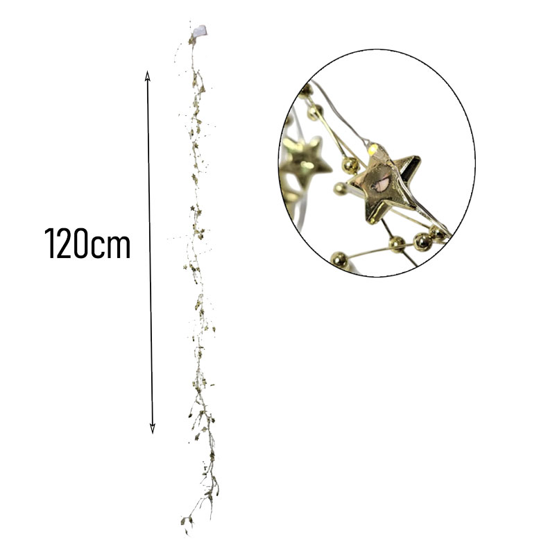 0280008-1 Χριστουγεννιάτικη Φωτιζόμενη Χρυσή Γιρλάντα με Αστέρια και Πέρλες 120cm - Christmas Lighted Garland with Stars and Pearls - Image 2