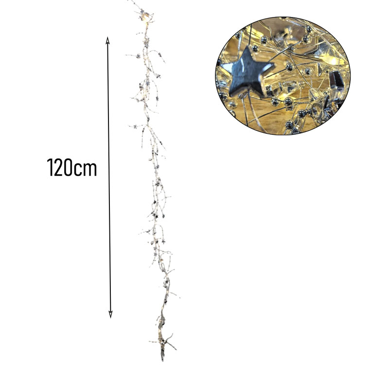 0280009-1 Χριστουγεννιάτικη Φωτιζόμενη Ασημένια Γιρλάντα με Αστέρια και Πέρλες 120cm - Christmas Lighted Garland with Stars and Pearls - Image 2